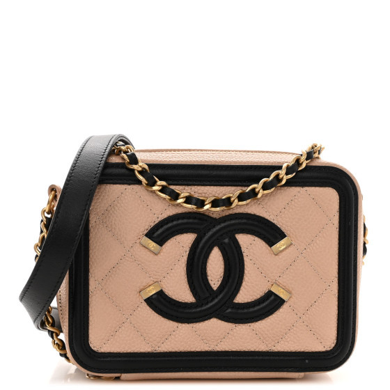 Caviar Quilted CC Filigree Vanity Clutch With Chain Beige Black | FASHIONPHILE (US)