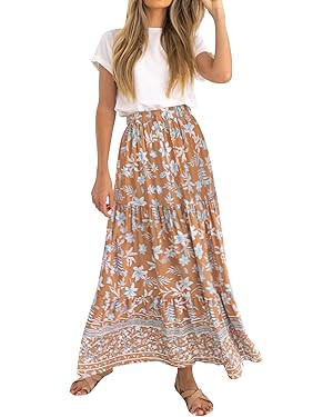 ZESICA Women's 2024 Bohemian Floral Printed Elastic Waist A Line Maxi Skirt with Pockets | Amazon (US)
