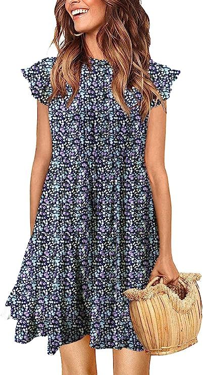 Amazon.com: KIRUNDO Women’s Summer Sleeveless Ruffle Sleeve Crew Neck Floral Print Mini Dress C... | Amazon (US)