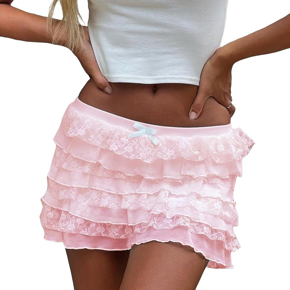 Women's Y2k Ruffle Mini Skirts Irregular Hem Pleated Short Smocked Flowy Lace Low Waist Layered S... | Amazon (US)