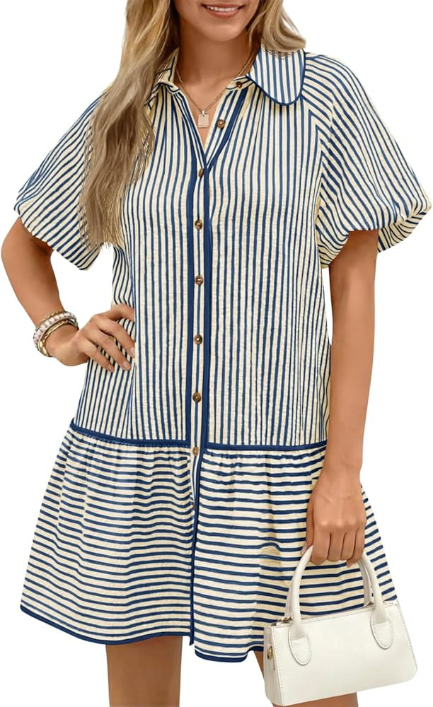 Wenrine Womens Summer Button Down Shirt Dress Casual Striped Puff Short Sleeve Collared Loose Min... | Amazon (US)