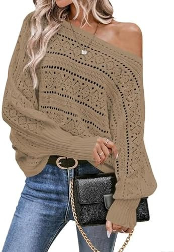 Womens Off Shoulder Sweater, Fall Fashion Oversized Knit Tops 2025, Casual Crochet Batwing Pullov... | Amazon (US)