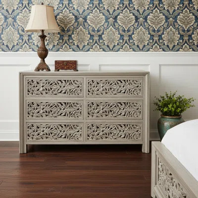 57" Gray Carved Scrollwork Solid Wood Six Drawer Dresser | Wayfair North America