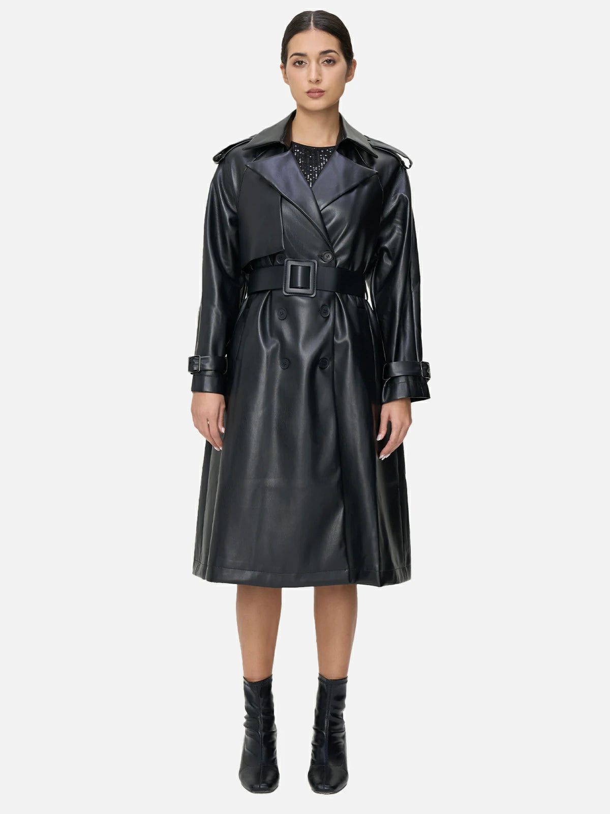 Classic Lapel Leather Long Trench Coat | SDEER