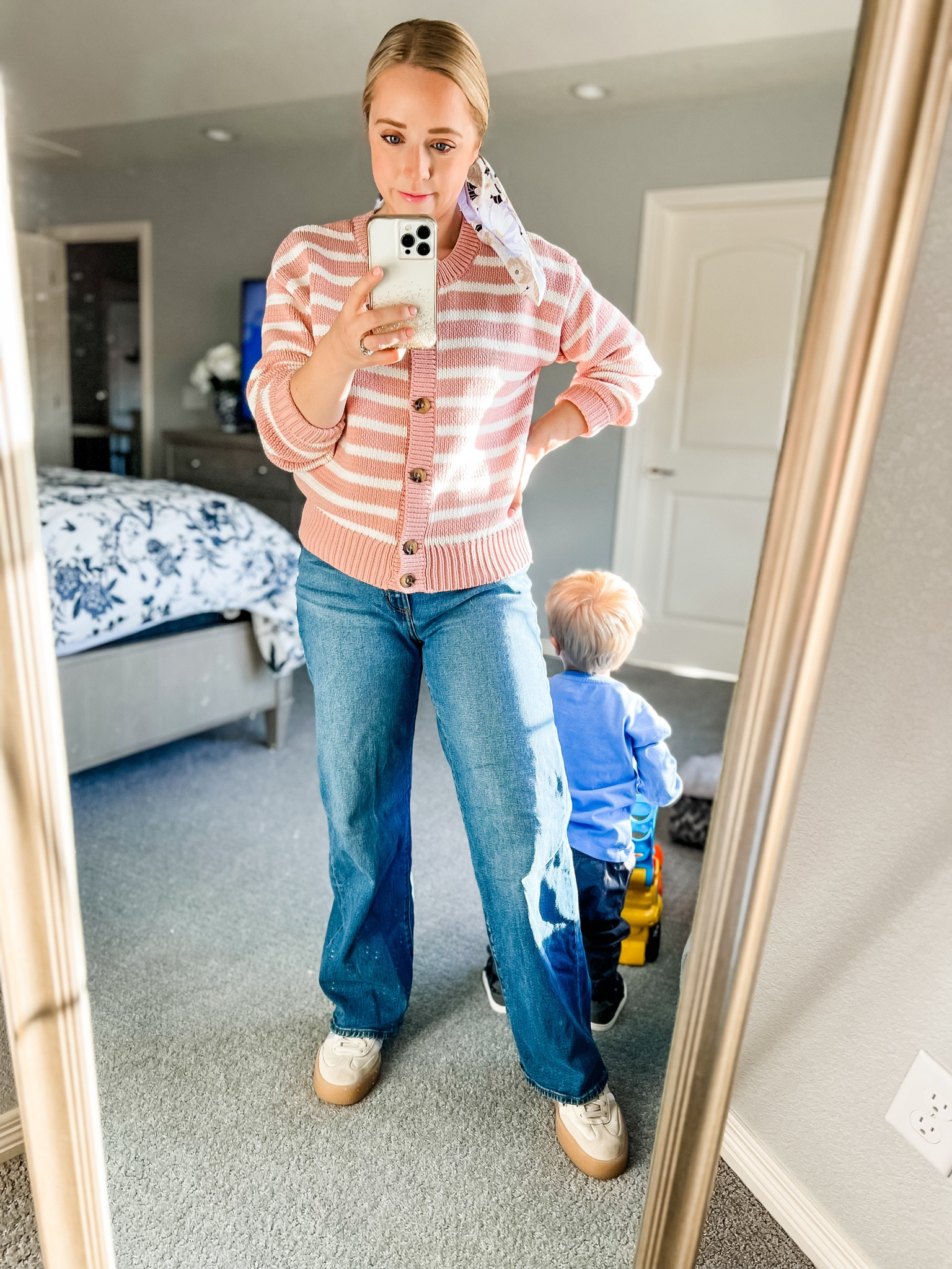 A scarf is a great way to dress up any outfit. I love adding a scarf to my hair. Exact jeans and cardigan are limited in sizes. I found samba sneakers still in stock! 

Spring outfit. Jeans. Petite. Hair accessory. Petite jeans. Sambas. 

#LTKsalealert