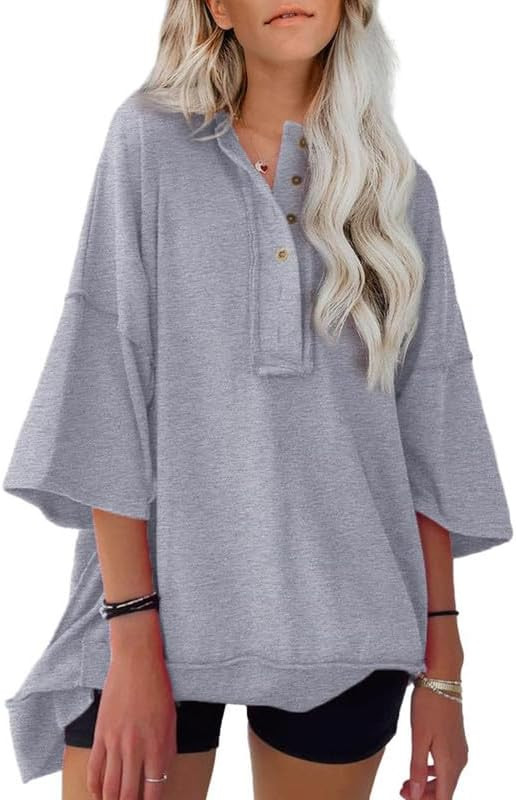 SHEWIN Women's Fashion Oversized T Shirts Casual Short Sleeve Sweatshirt Button Down Henley Neck ... | Amazon (US)