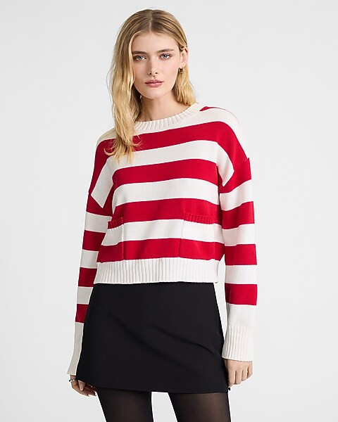 Relaxed Striped Crew Neck Pocket Sweater | Express