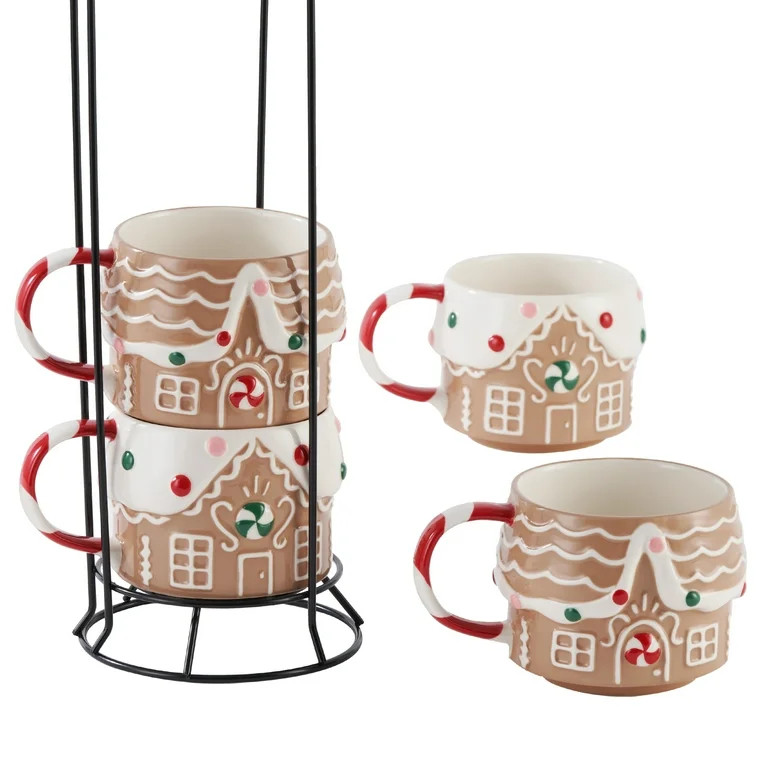 Gingerbread House Stacking Ceramic Mug Set 11.5 OZ 4-Piece Holiday Time - Walmart.com | Walmart (US)