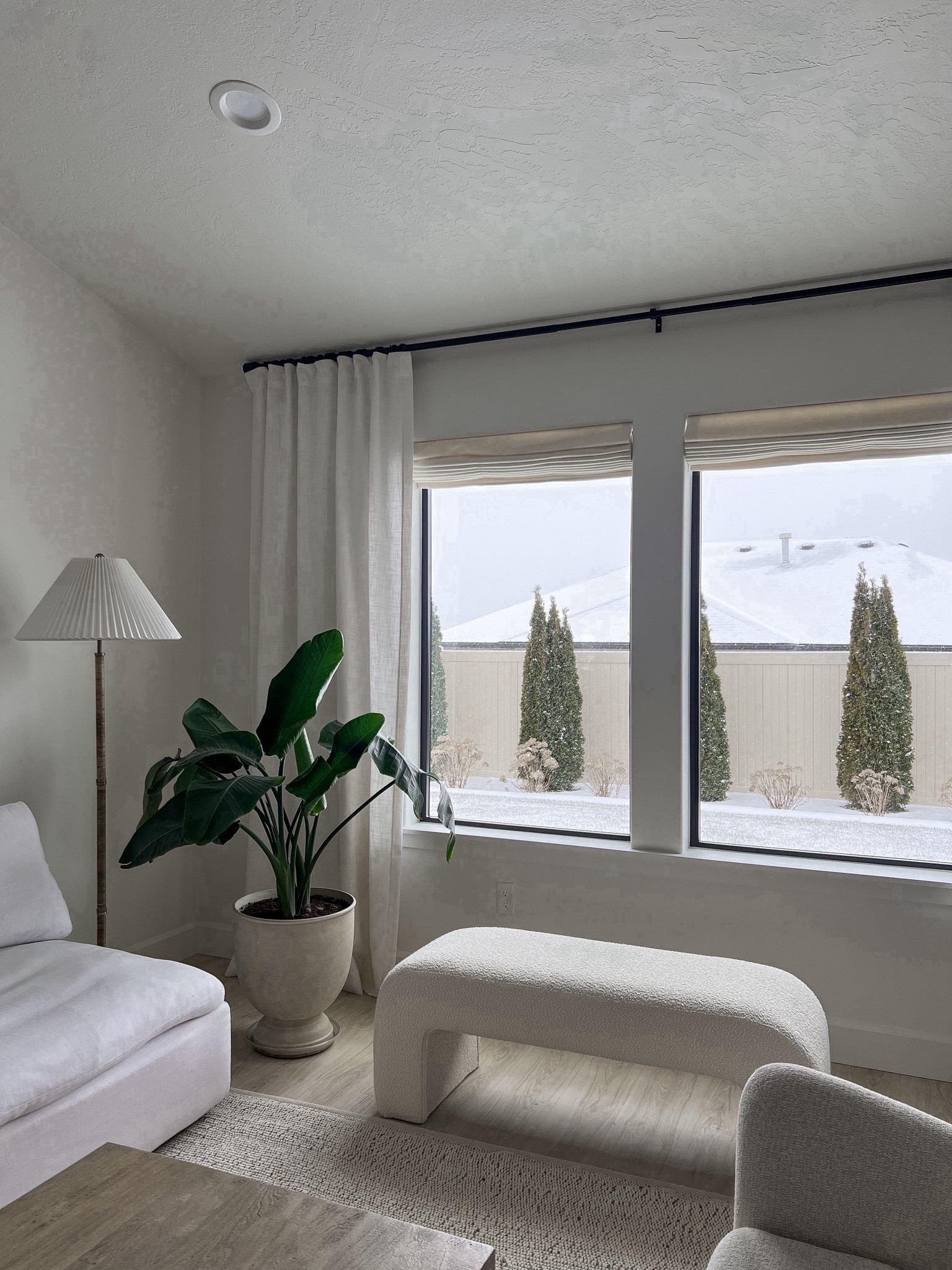 Boucle curved bench, accent chairs, linen curtains, jute cotton mix rug, wood coffee table, modern home decor and furniture, cloud sectional sofa white couch pleated floor lamp  

#LTKsalealert #LTKhome #LTKfindsunder50