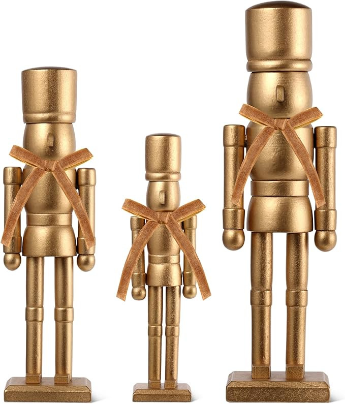 3 Pack Christmas Nutcracker Figures with Velvet Bow 12'' 10'' 8'' Gold Wooden Nutcracker Soldiers... | Amazon (US)