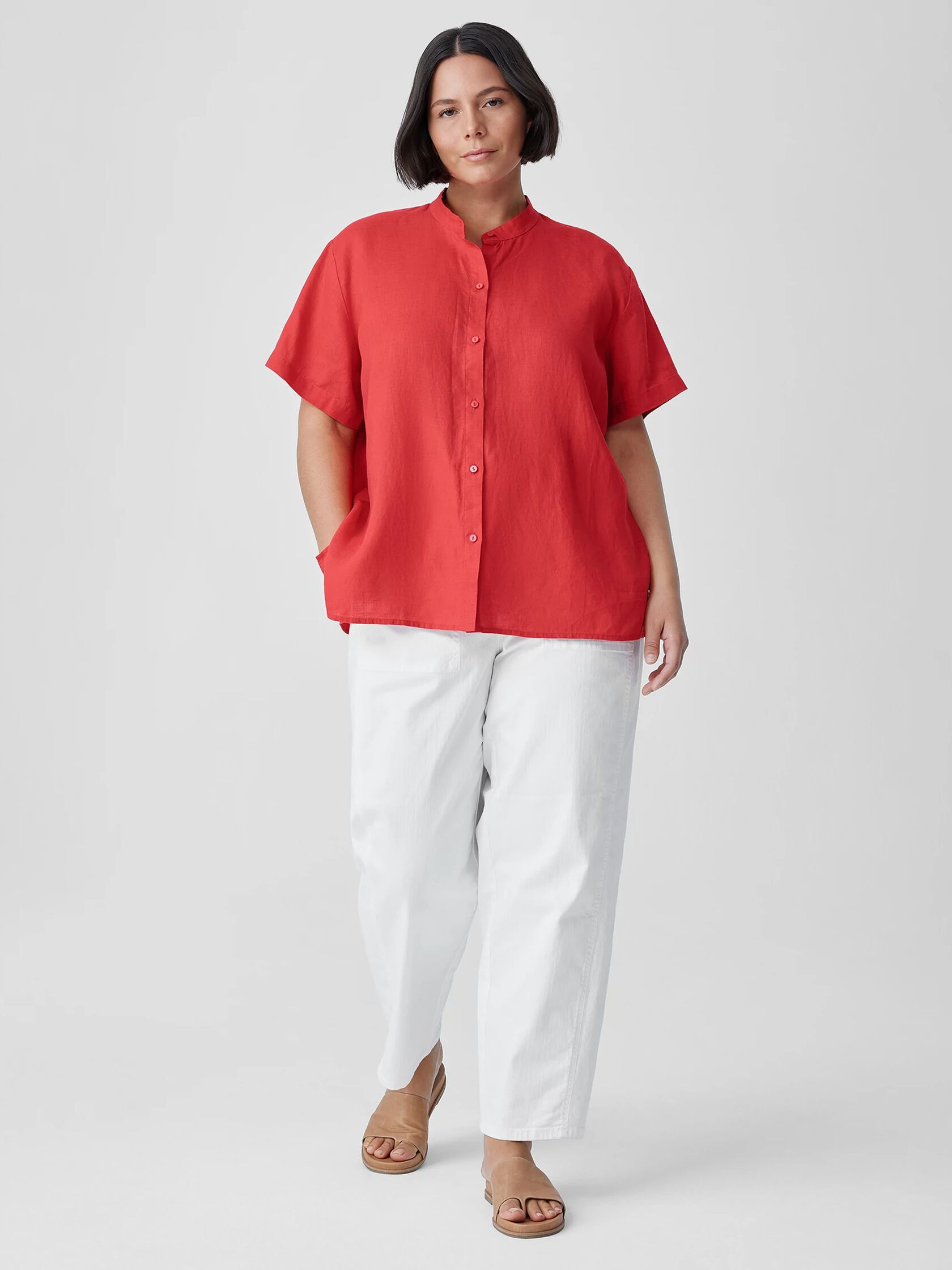 Organic Handkerchief Linen Band Collar Short-Sleeve Shirt | Eileen Fisher