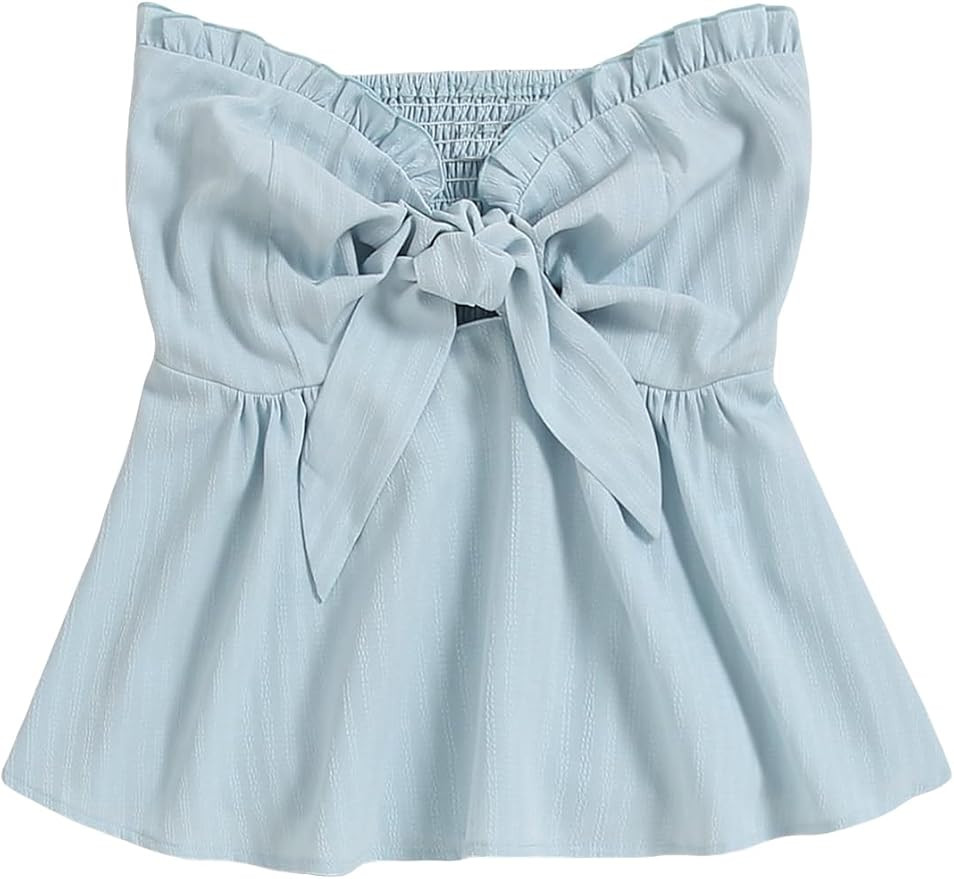 SOLY HUX Women's Frill Trim Tie Front Tube Top Sleeveless Strapless Ruffle Summer Tops | Amazon (US)