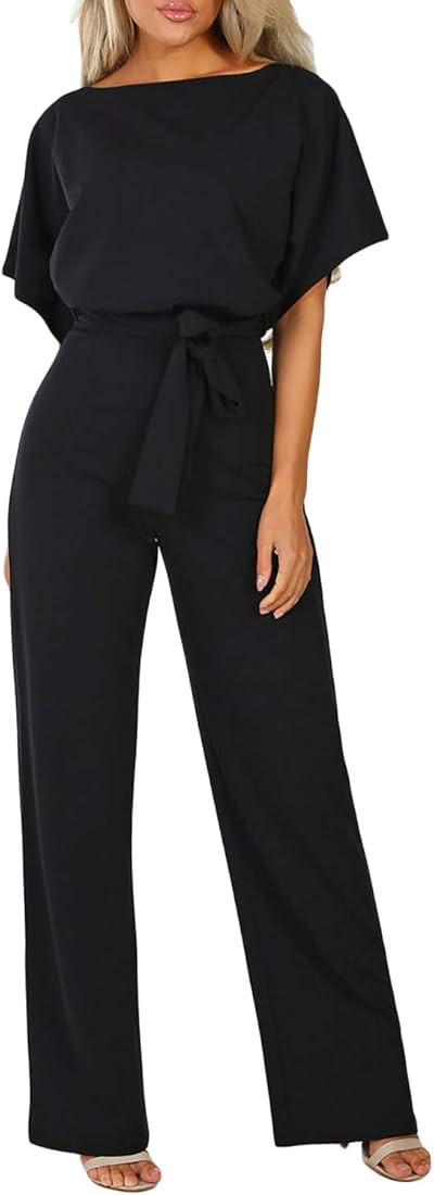 Happy Sailed Women Casual Loose Short Sleeve Belted Wide Leg Pant Romper Jumpsuits | Amazon (US)