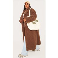 Plus Brown Oversized Teddy Borg Cuff Detail Coat | PrettyLittleThing UK