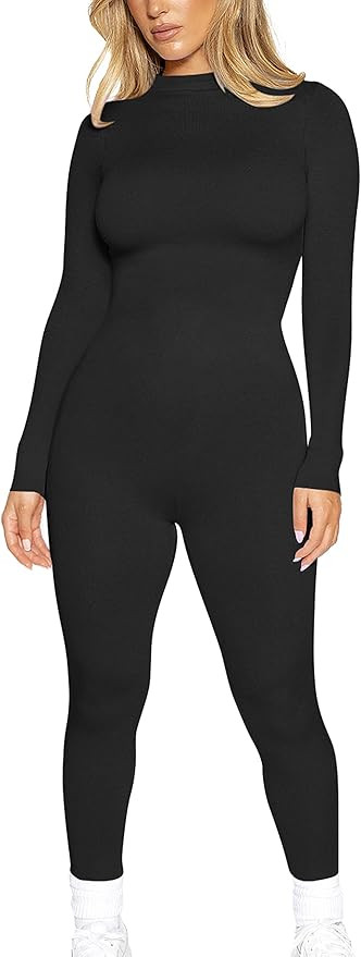 cailami Women's Sexy One Piece Bodycon Jumpsuits Long Sleeve Mock Neck Full Rompers | Amazon (US)