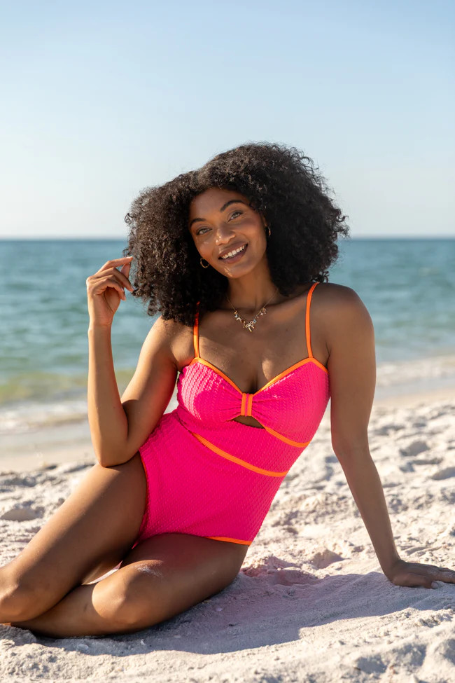 Tropical Traditions Pink Trim Detail Textured One Piece Swimsuit SALE | Pink Lily