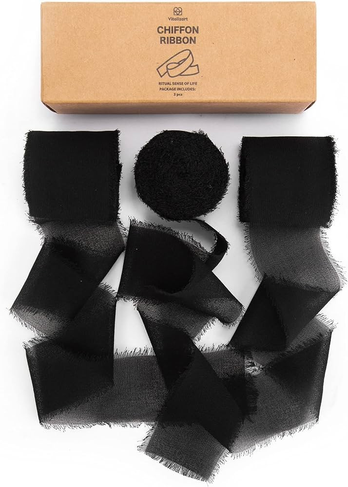 Vitalizart 3 Rolls Handmade Fringe Chiffon Silk Ribbon 1.5" x 7Yd Black Ribbons Set for Wedding Invi | Amazon (US)