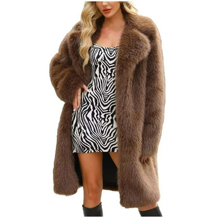 ZQUUVOU Women's Long Faux Fur Coats Oversized Fluffy Large Lapel Jacket Long Sleeve Furry Coats Winter Jacket Coffee | Walmart (US)