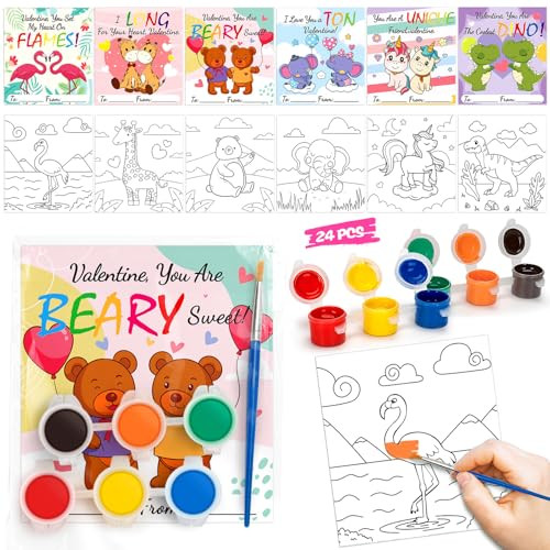 Valentines Day Gifts for Kids Classroom, 24 Pack Watercolor with Kids Valentines Day Cards Painting Kit, Valentines Cards for Classroom Gifts Exchange, Valentines Gifts Party Favors for Boys Girls | Amazon (US)