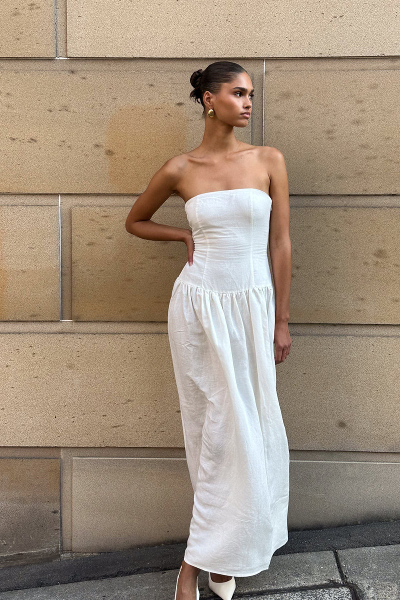 Audrina Strapless Linen Maxi Dress - White | MESHKI US