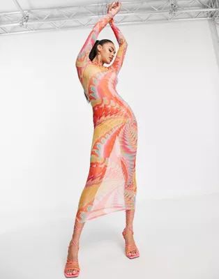 Simmi long sleeve sheer maxi dress in abstract rainbow | ASOS (Global)