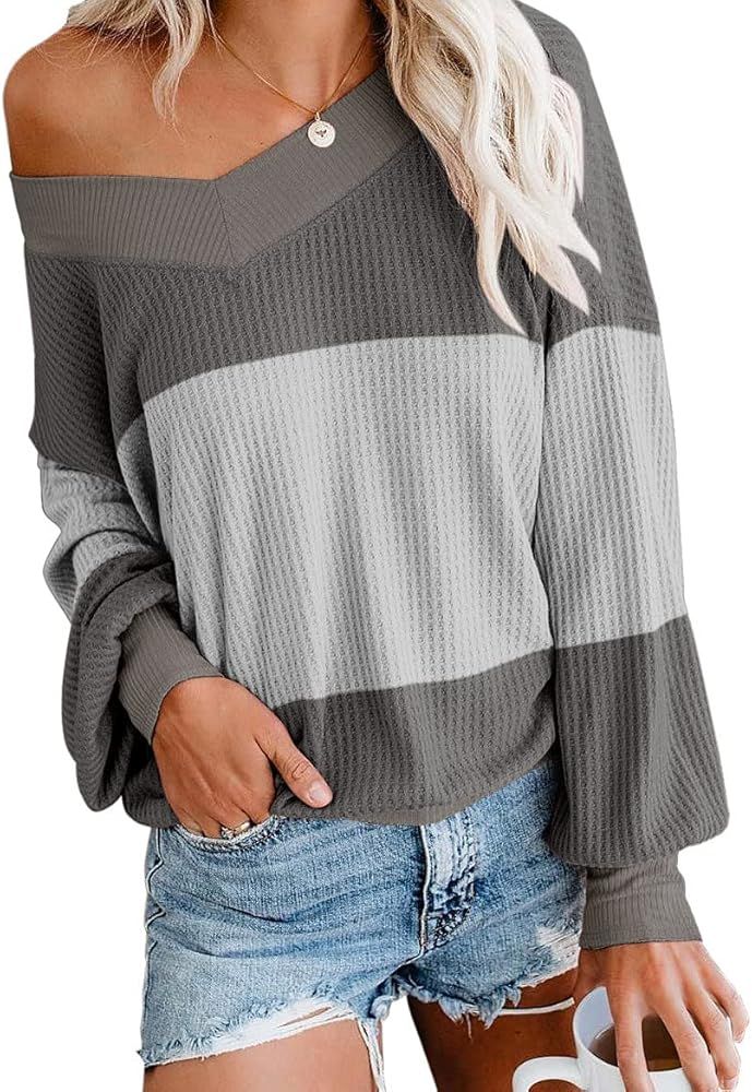 Adreamly Women's V Neck Long Sleeve Waffle Knit Top Off Shoulder Oversized Pullover Sweater | Amazon (US)