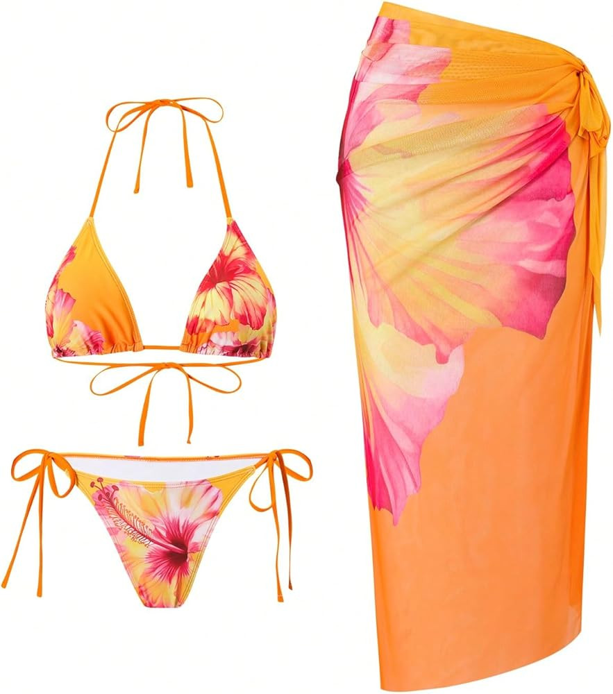 ZAFUL Women's 3 Piece Swimsuit Floral Halter Triangle String Bikini Tie Side Bottom with Boho Cov... | Amazon (US)