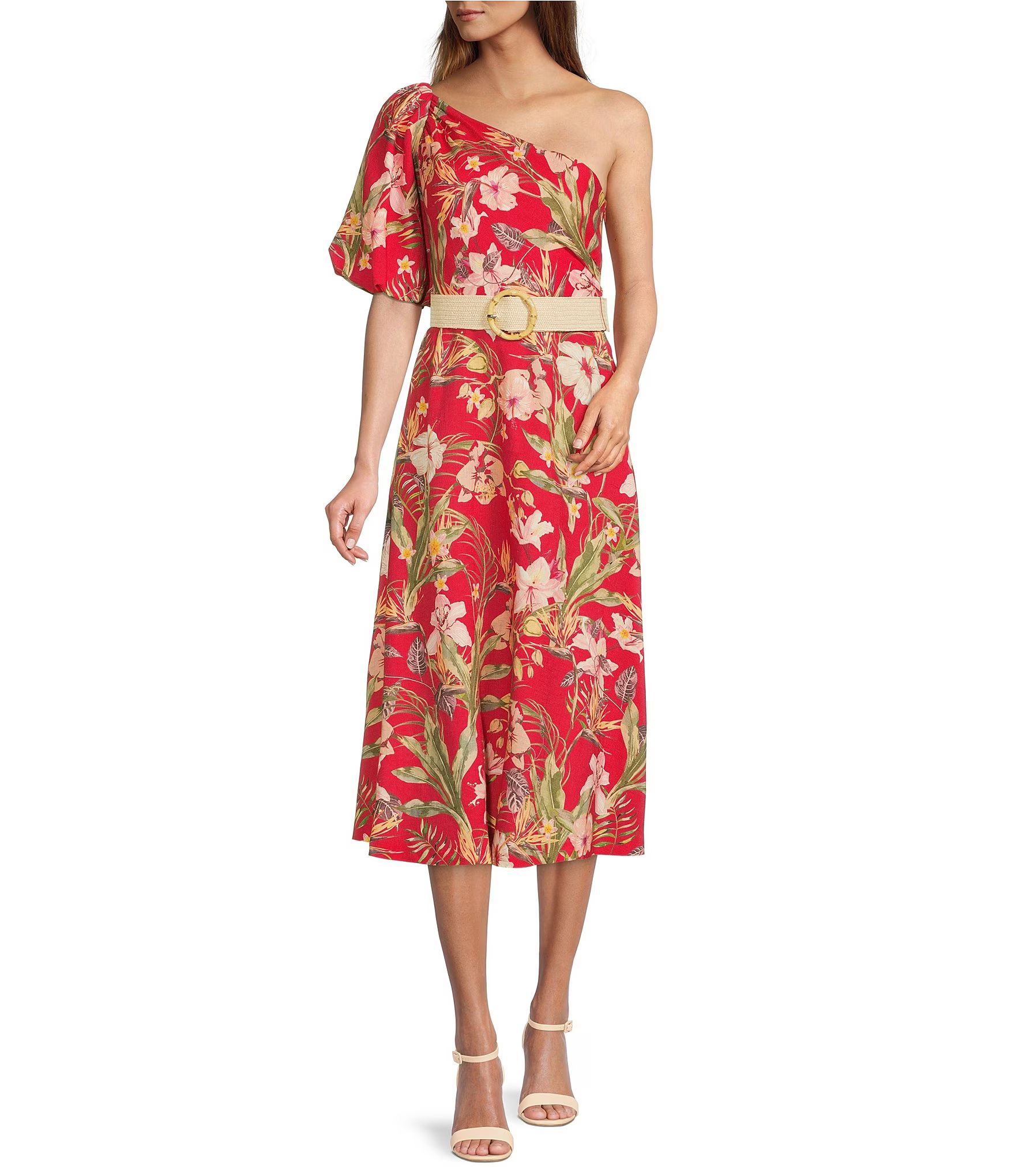 Rae Linen One Shoulder Short Puff Sleeve Tropical Floral Print Belted A-Line Midi Dress | Dillard's