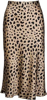 Womens Leopard Print Skirt Midi Long Length Silk Satin High Waist Elastic Skirts | Amazon (CA)