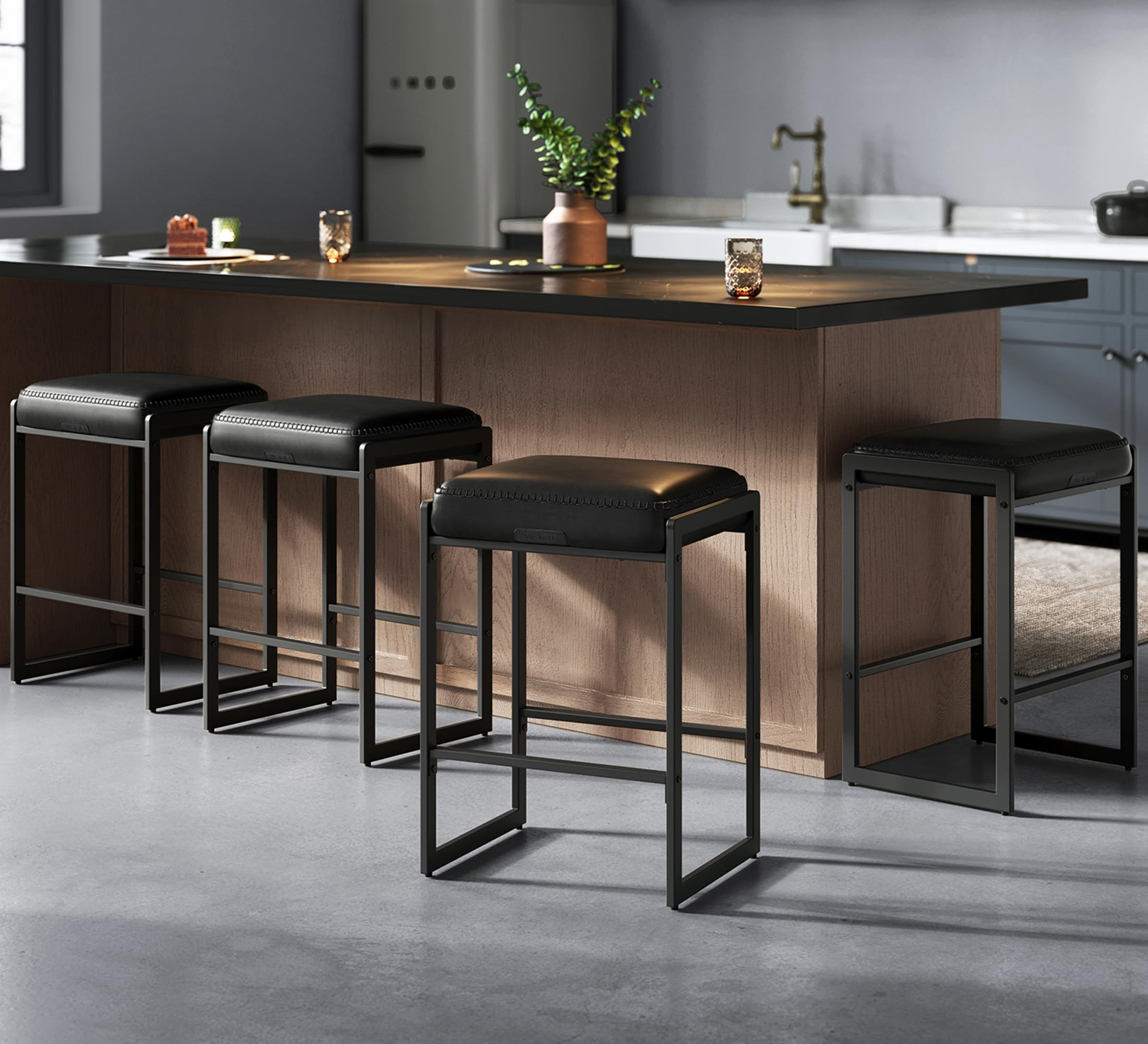 VASAGLE EKHO Collection - Bar Stools Set of 4, Counter Height Bar Stools, Synthetic Leather with Stitching, Mid-Century Modern Counter Stools, 26-Inch Tall, Kichen Home Bar Dining Room, Ink Black | Amazon (US)