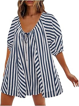 Womens Casual Striped Puff Short Sleeve Romper Scoop Neck Overall Shorts Oversized Mini Dress Jum... | Amazon (US)