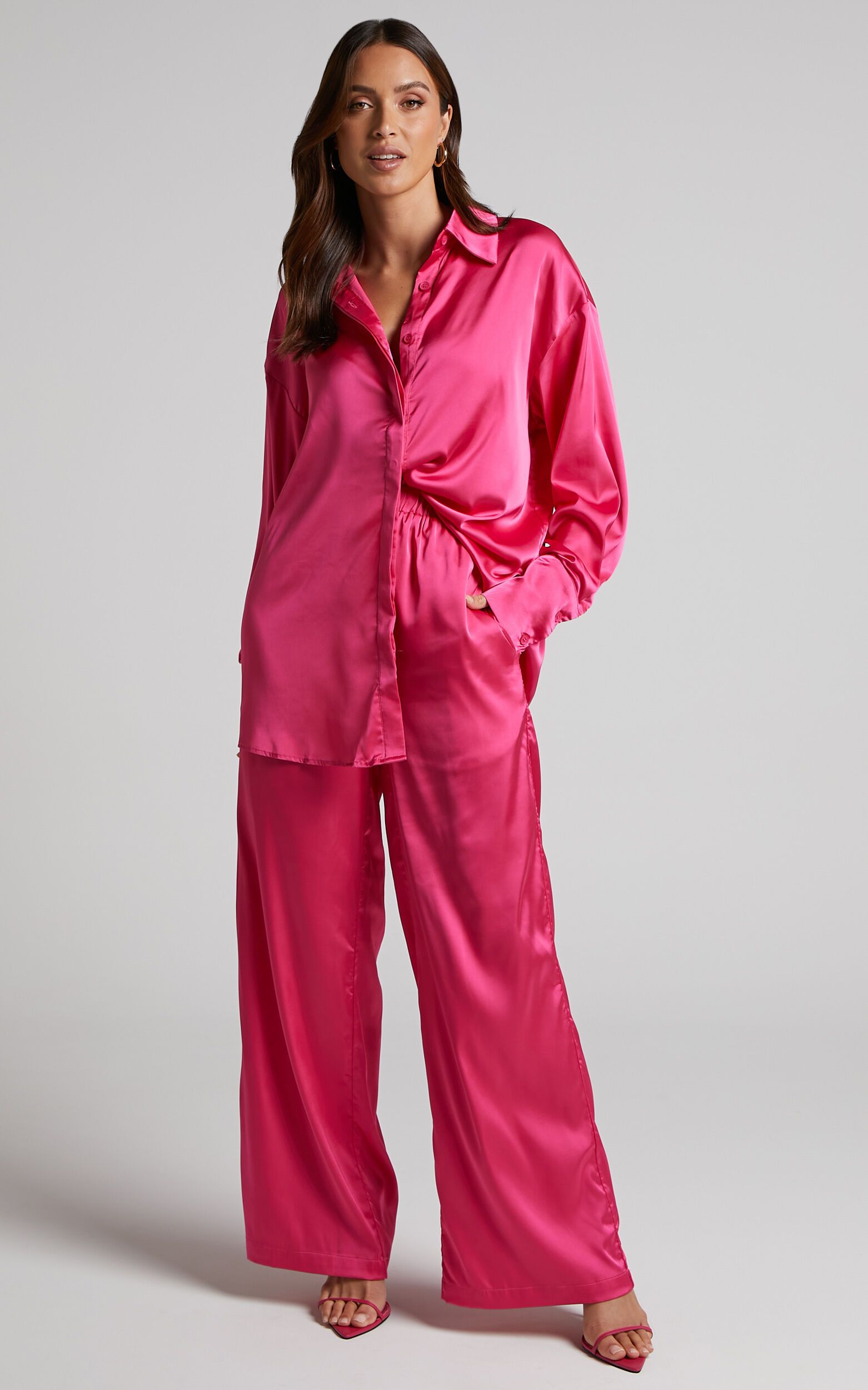 Trianna Two Piece Set - Oversized Satin Shirt and Wide Leg Pants in Pink | Showpo (US, UK & Europe)