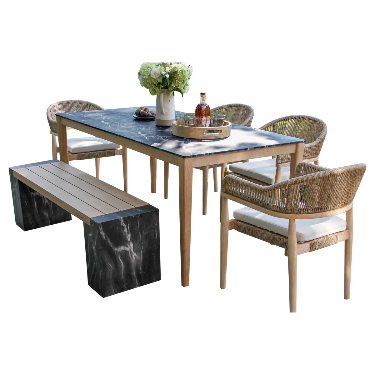 Posey 6 Pc. Marble Composite Dining Table With Wheat Wicker Chairs And Bench | Wayfair North America