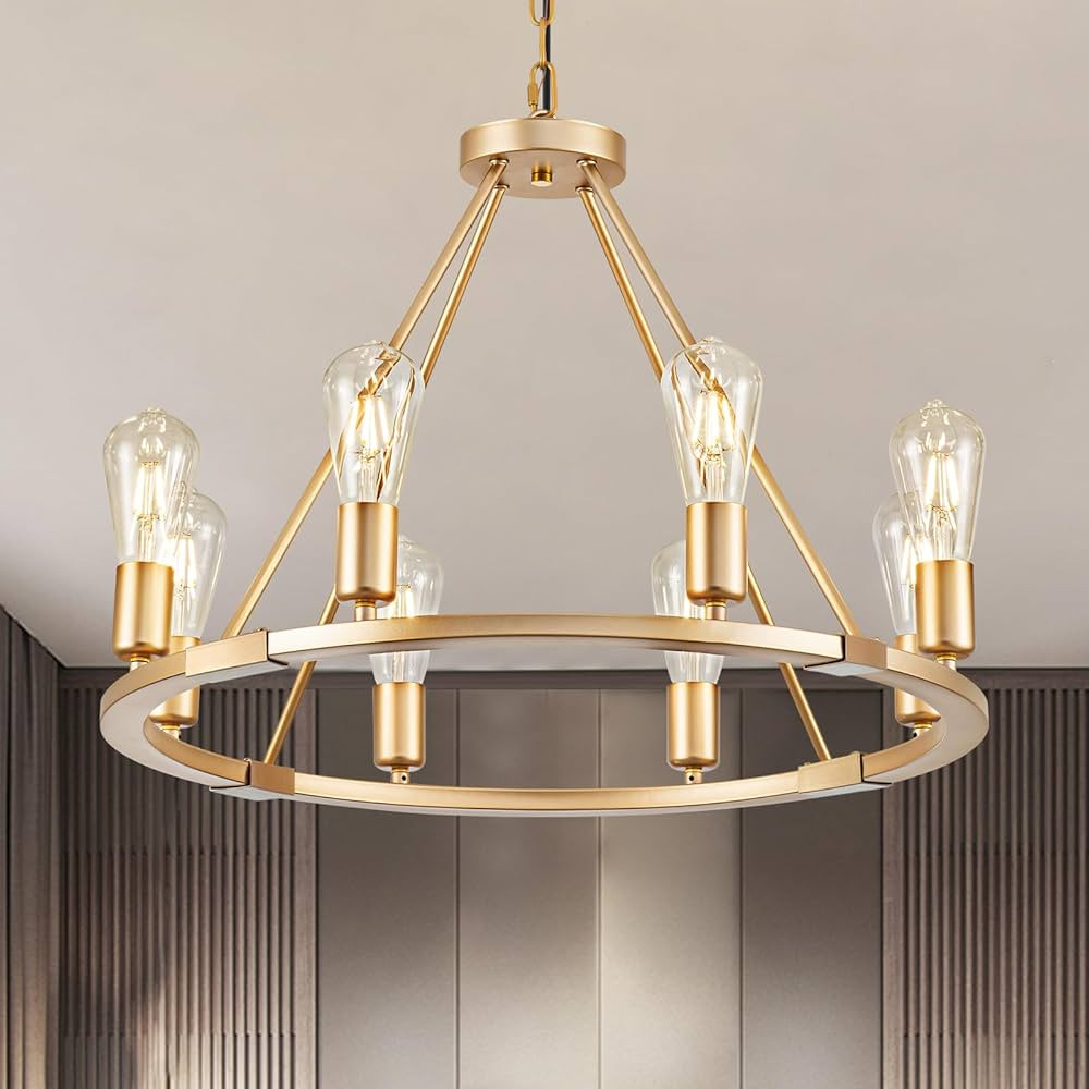 brfaixla 23.6" Chandelier Gold Wagon Wheel for Kitchen Island 8-Light Metal Industrial Round Chan... | Amazon (US)