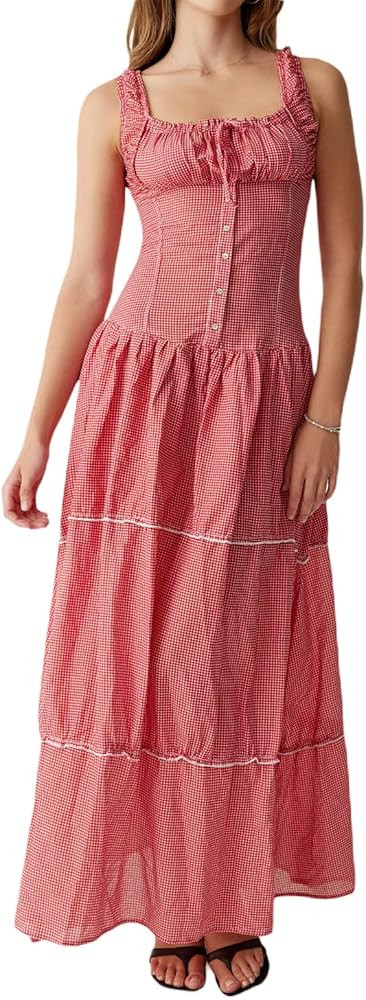 Women Summer Sleeveless Dress Casual Plaid Print Ruffle Party Dress Loose Cocktail Beach Club Str... | Amazon (US)