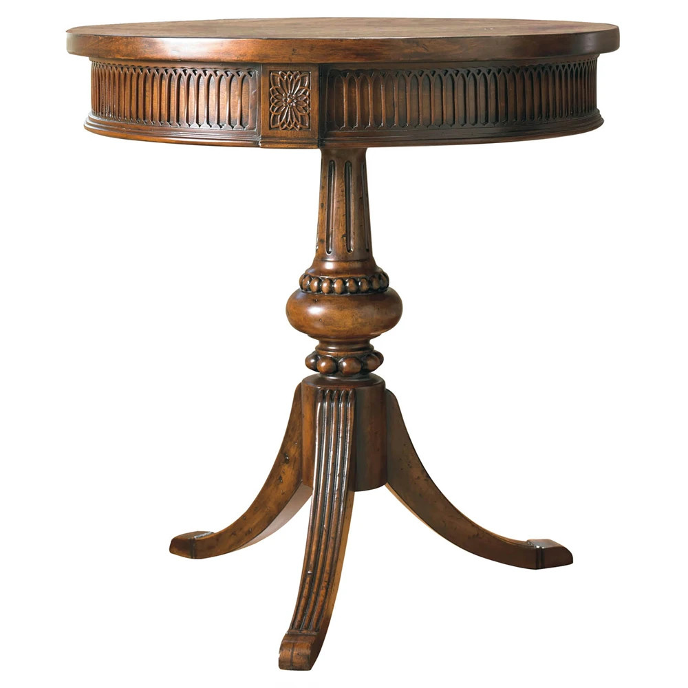 Finn Updated Traditional Dark Brown Walnut Wood Pedestal Round Side Table | Kathy Kuo Home