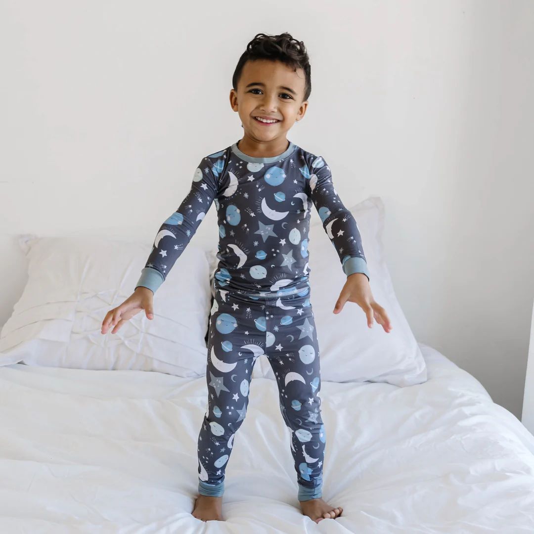 Blue To the Moon & Back Two-Piece Bamboo Viscose Pajama Set | Little Sleepies