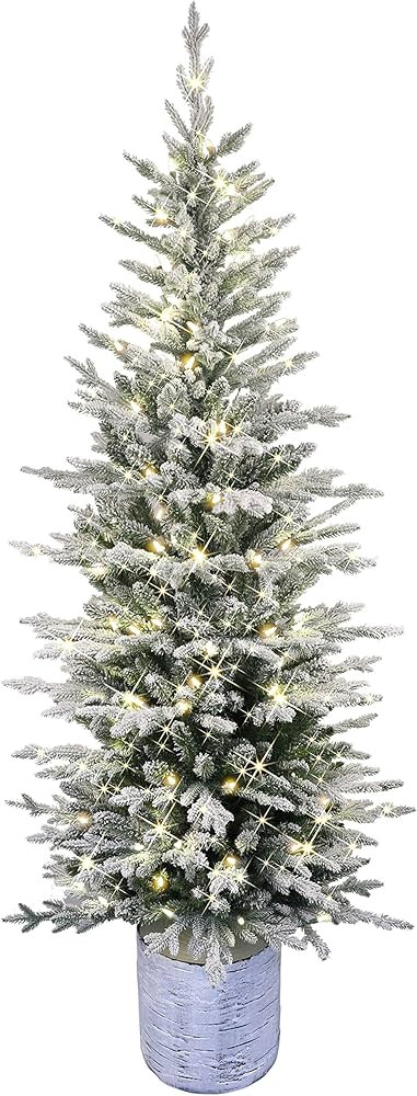 Puleo International Pre-Lit Potted Flocked Arctic Fir Pencil Artifical Artificial Christmas Tree,... | Amazon (US)