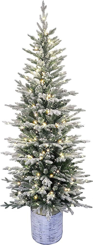 Puleo International Pre-Lit Potted Flocked Arctic Fir Pencil Artifical Artificial Christmas Tree,... | Amazon (US)