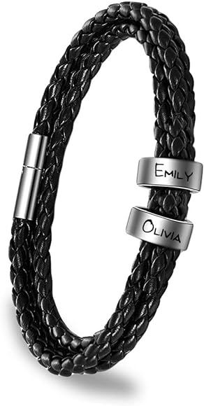 ShineSand Personalized Mens Leather Bracelet with Custom Beads, Customized Braid Leather Bracelet... | Amazon (US)