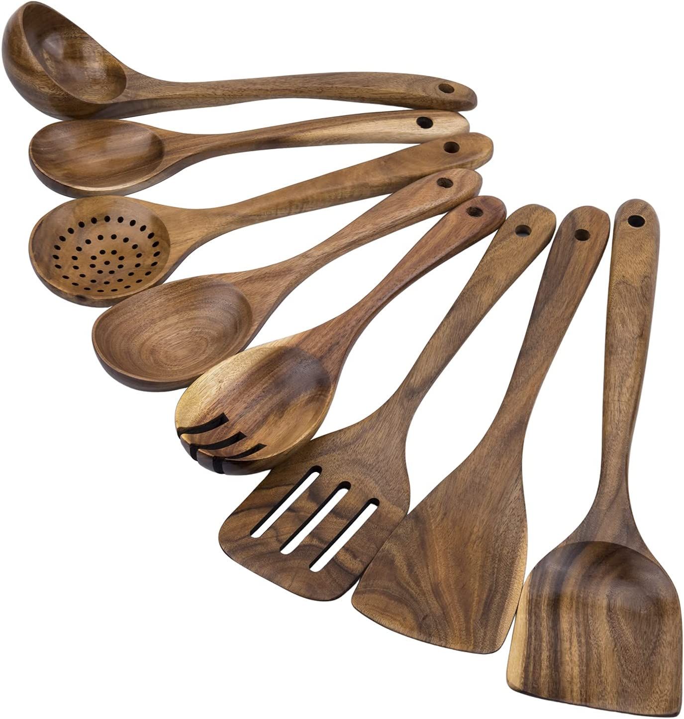 WOODME Kitchen Utensils Set 8 Piece Teak Wooden Cooking Utensil Set Non-Stick Pan Wood Spoons and... | Amazon (US)