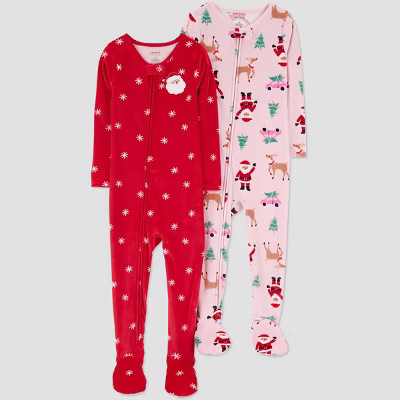 Carter's Just One You® Toddler Girls' 2pk Snug Fit Christmas Santa Stars Long Sleeve Fleece Footed Pajama - Red/Pink 5T | Target