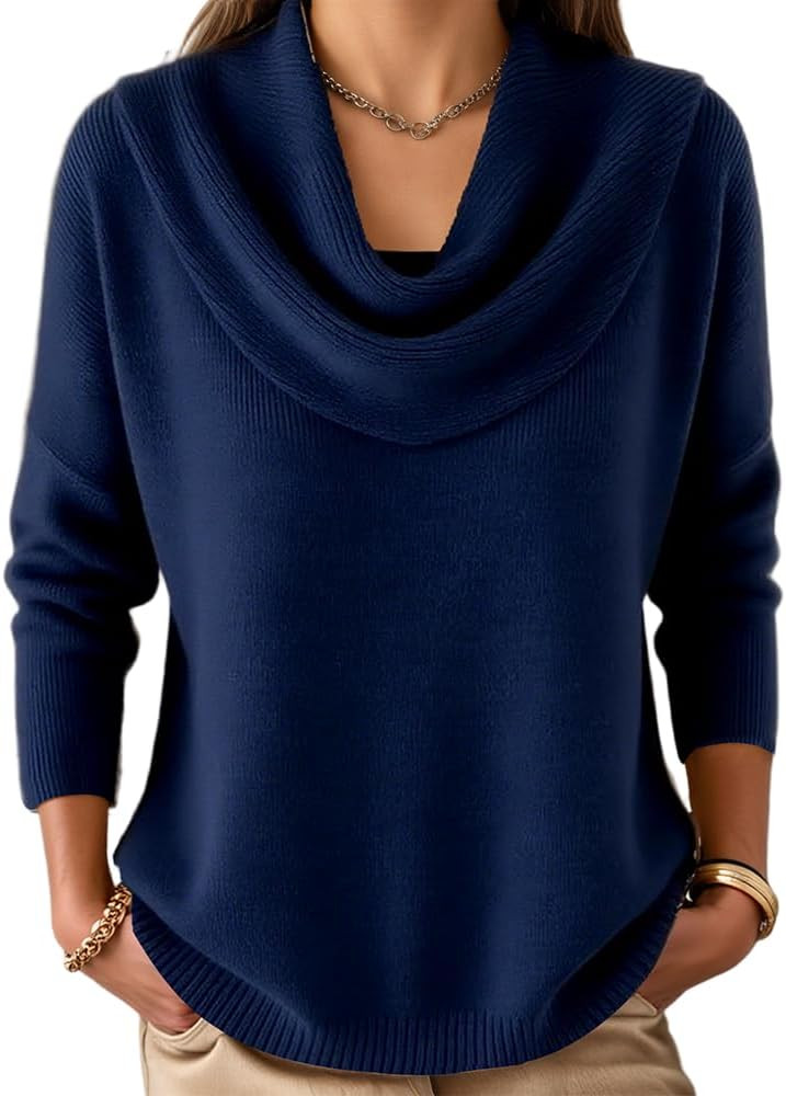 Women's Cowl Neck Sweater Lightweight Solid Color Long Sleeve Knit Pullover Jumper Tops | Amazon (US)