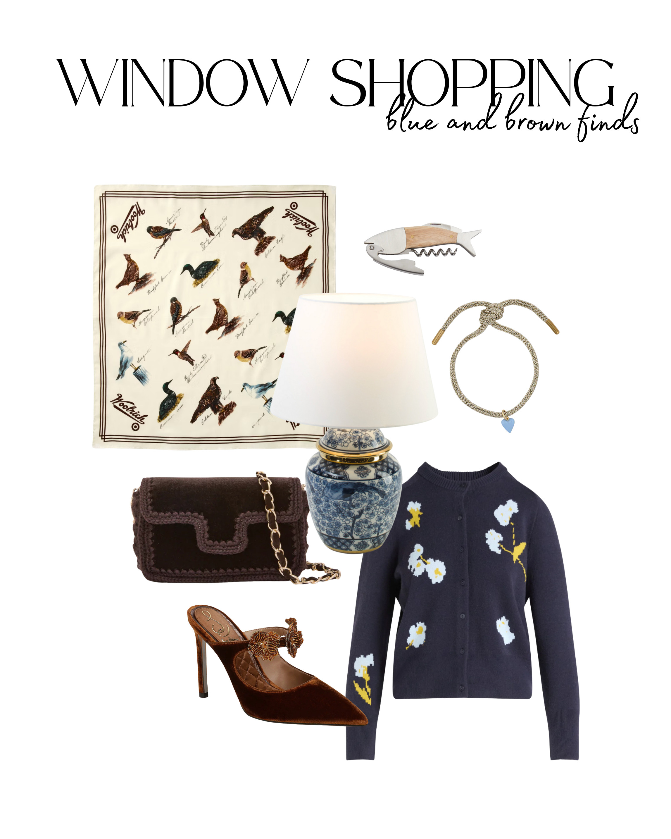 Window shopping: blue and brow finds 
[beaded flower, Velvet Pointed Toe Mule, Floral Jacquard Shrunken Cardigan Sweater, Maroon Velvet Crossbody, gold bracelet with mini heart, Chinoiserie Metallic Accented Table Lamp, Fish Corkscrew, Bird Motif Cotton Bandana - Woolrich x Target]  

 #LTKSeasonal #LTKHome #LTKFindsUnder100
