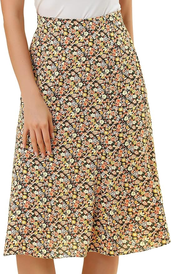 Allegra K Women's Floral Midi Skirt Peasant Elastic Waist A-Line Ditsy Leave Print Skirts | Amazon (US)