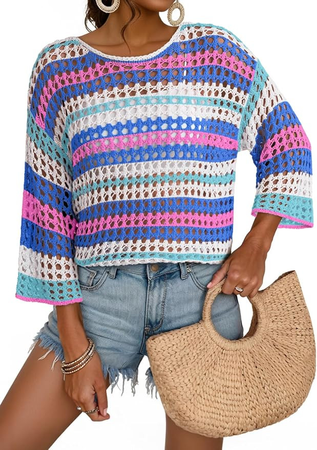 Dokotoo Womens Summer Fall 3/4 Sleeve Crochet Sweater Hollow Out Color Block Striped Tops Casual ... | Amazon (US)
