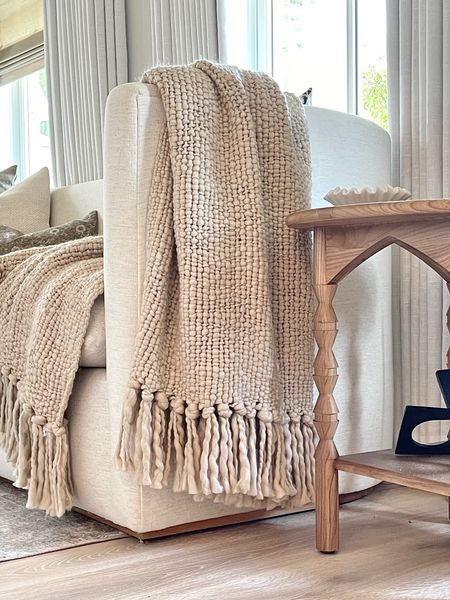 Fall decor.  Boucle throw. Wooden side table. Lulu and Georgia, throw blanket, cream sofa, white couch, mcgeeandco 

#LTKSeasonal #LTKhome #LTKFind