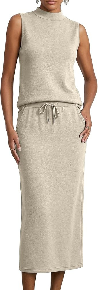 Casly Lamiit Women's 2 Piece Set Sleeveless Mock Neck Midi Skirt Sets Lounge Travel Outfit Matchi... | Amazon (US)