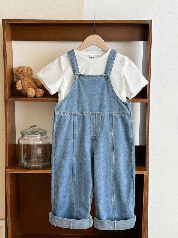 LMoss Kids Young Boy Fall/Winter Vintage Distressed Fashion Casual Soft Basic Simple Style Light Blue Denim Split Design Folded Hem Wide Leg Loose Bib Overall Jumpsuit,For Boys Fall/Winter Dailywear Costume Indoor/Outdoor Wear Clothes ,Boys Back-To-School Clothes,Boys Streetwear Outfits,Baby Christmas Outfits,Toddler Boy Jeans, Baby Boy Jeans, Toddler Jeans, Baby Jeans, Toddler Boy Denim Pants | SHEIN