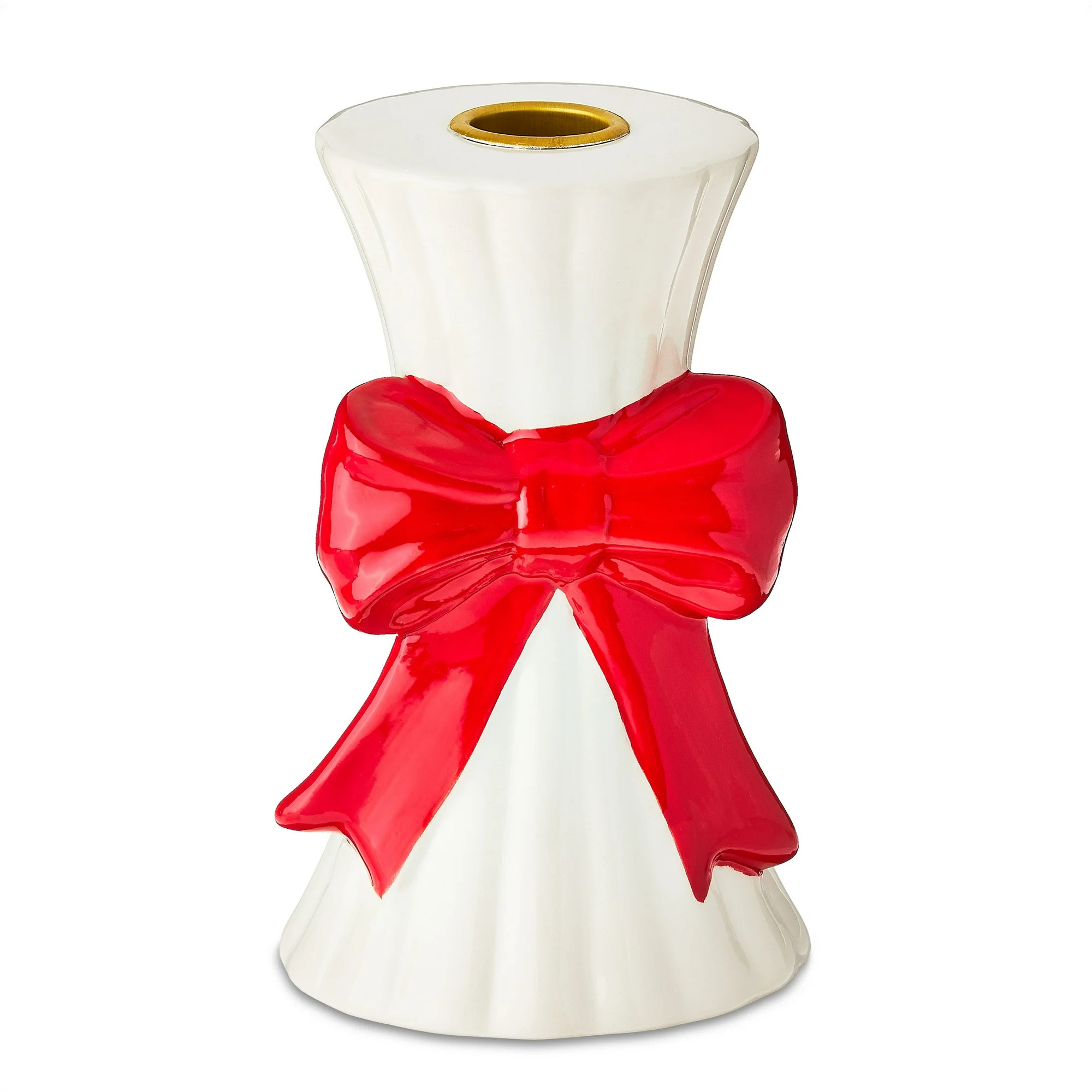 White Ceramic Christmas Taper Candle Holder with Bow, 5.5", by Holiday Time | Walmart (US)